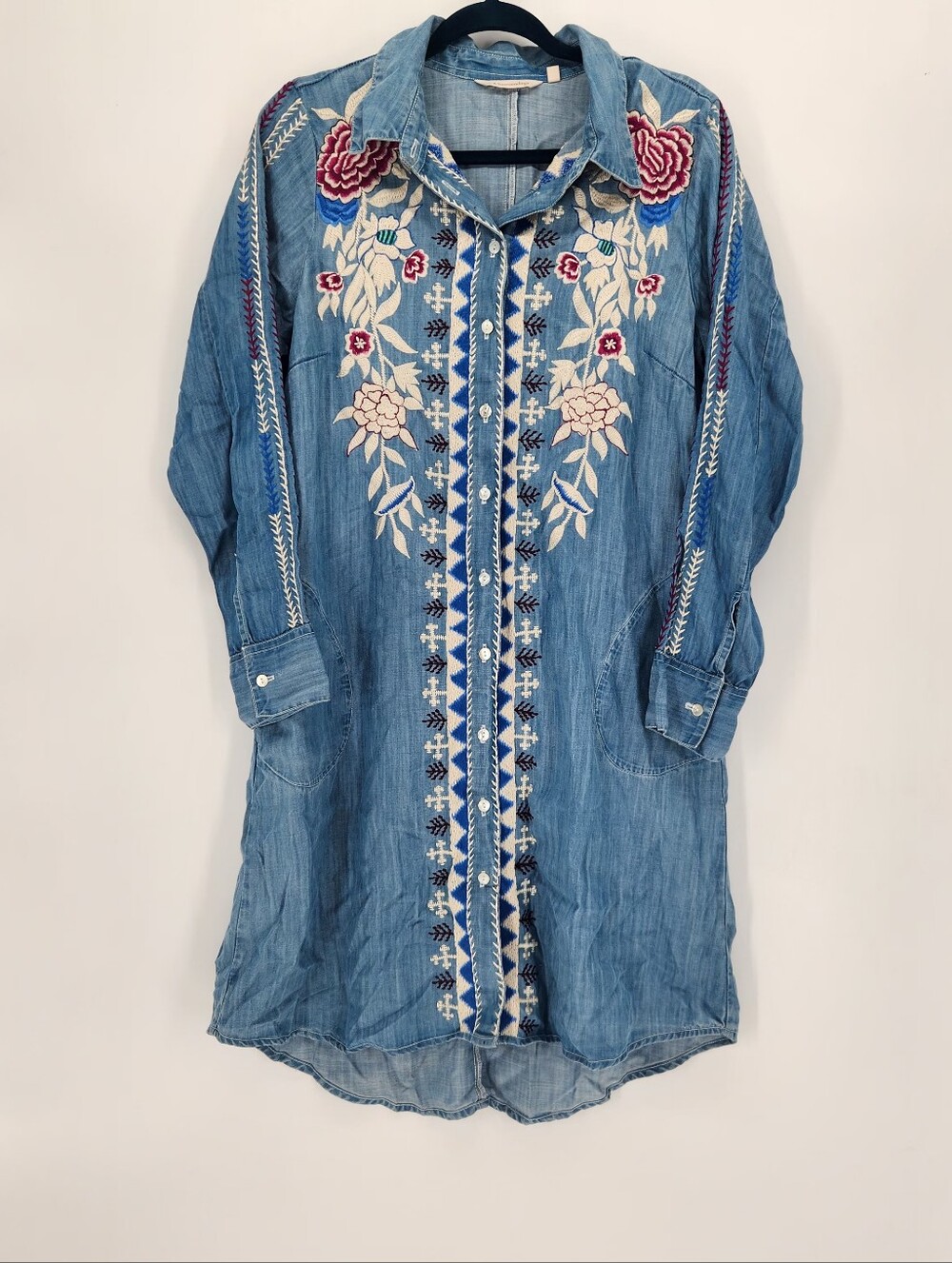Soft Surroundings embroidered chambray button-down Western,cowgirl,BOHO dress .